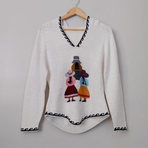 Handmade Alpaca Hooded Knit Sweater Peru Women with Braids Motif Size Small